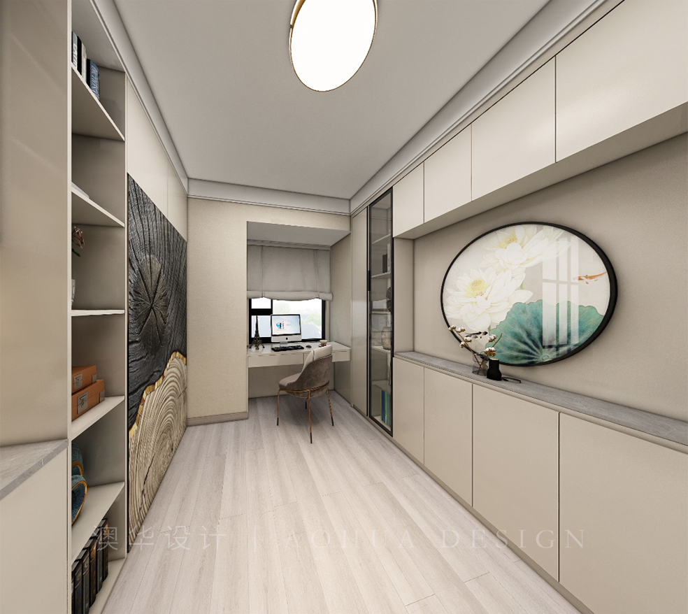 拆除飄窗做定制書桌，并設置了翻板床，既具備了工作學習空間，也為客人提供了客房。